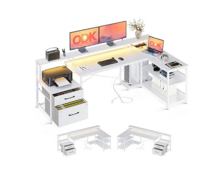 ODK Computertisch L Form Reversibel Eckschreibtisch Groß mit LED Steckdosenleiste (1-St), Ladegerät und Monitorständer Weiß, 189.3×100cm, weiß von OTTO