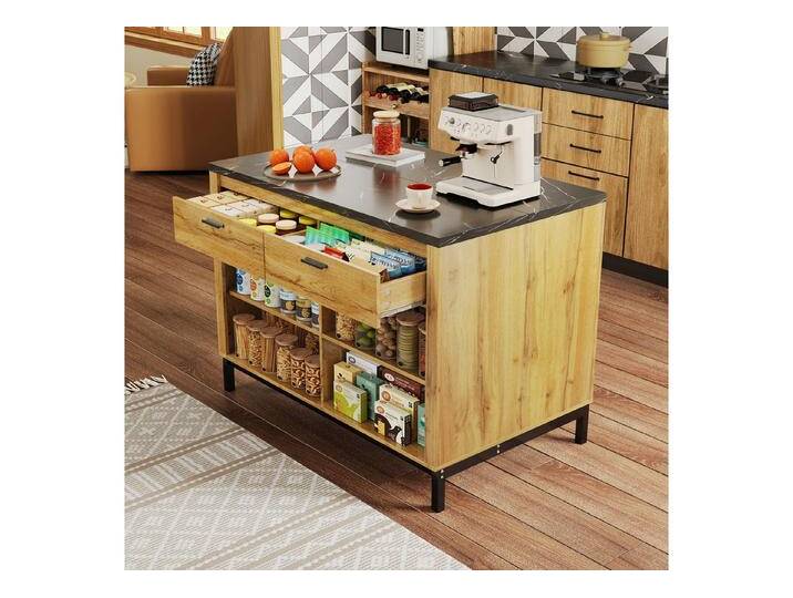 OKWISH Esstisch Multifunktionale Kücheninsel (Kücheninsel Landhausstil 120×75×90 cm mit 2 Schubladen & 4 Regalen, schwarze Marmor-Arbeitsplatte & Barbereich, 120×75×90cm), schwarz von OTTO