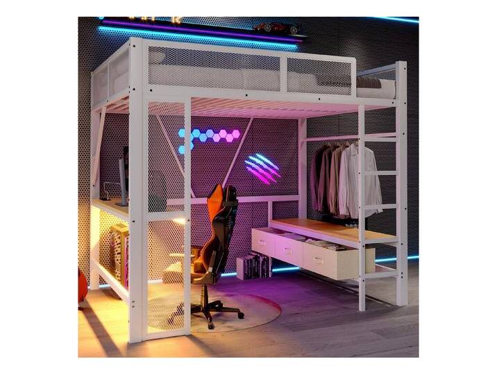 OKWISH Hochbett Metall-Spielhochbett (für Kinder & Jugendliche mit LED, USB & integriertem Schreibtisch + Schubladen, 1-St., 140x200cm) von OTTO