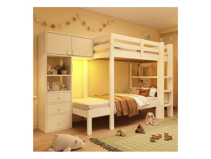 OKWISH Hochbett mit intelligentem Nachtlicht (Etagenbett, Doppelbett, Kinderbett, 1-St., 90x200 cm, Matratze nicht dabei) mit Schrank von OTTO