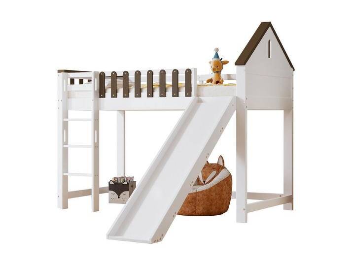 OKWISH Kinderbett Hochbett,Jugendbett,mit Rutsche (Hochbett mit Rutsche & Hausdach, 90x200 cm, Kinderbett mit Fenster, Sicherer Aufstieg & Spielspaß. von OTTO