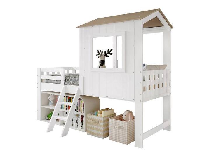 OKWISH Kinderbett Hochbett (mit Fenster & Dach, Stauraum unten & kleiner Treppe, 90x200cm), ohne Matratze, weiß, ohne Matratze von OTTO