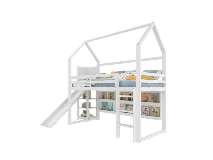OKWISH Kinderbett Hochbett (mit LED-Beleuchtung, Hausform & Rutsche – Stabil, sicher und mit praktischen Regalen, Holzbett 90x200 cm), ohne Matratze von OTTO