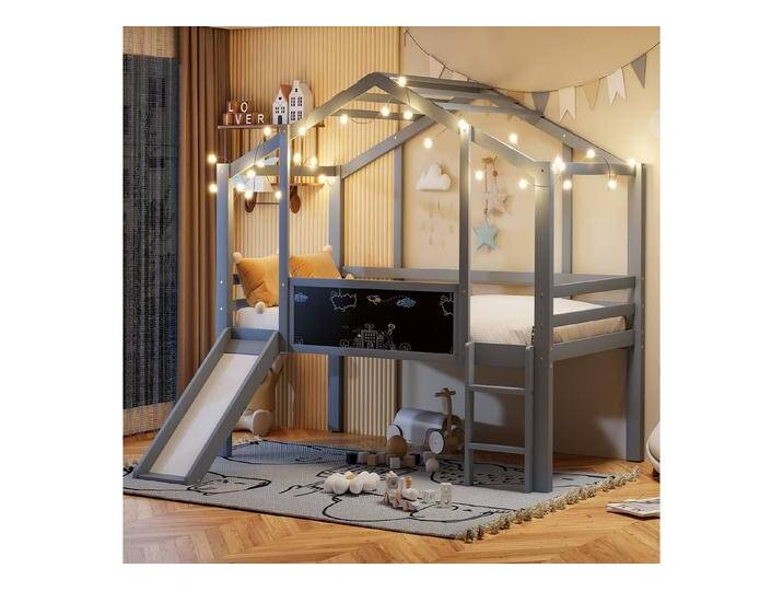 OKWISH Kinderbett Hochbett Holzbett (mit Rutsche & Leiter, Massivholzbett im Hausstil, Kreativ-Tafel, 90×200 cm), ohne Matratze, grau, Grau von OTTO