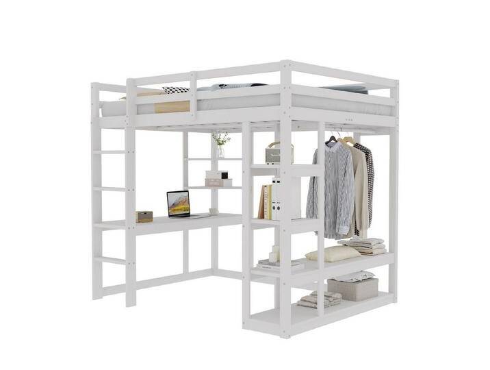 OKWISH Kinderbett Hochbett Holzbett (mit integriertem Kleiderschrank, Regalen und 140x200 cm Matratzenbereich, aus Massivholz mit Schreibtisch, Stauraum und Leiter), ohne Matratze, weiß von OTTO
