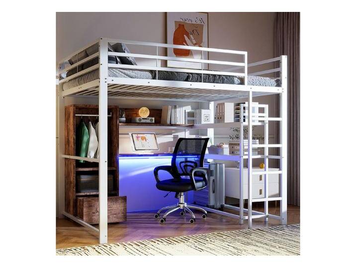 OKWISH Kinderbett Hochbett Metallbett (mit Schreibtisch, LED-Beleuchtung und Stauraum, Metallrahmen, 140 x 200 cm, Mit Regalen und Geländern), ohne Matratze, weiß von OTTO