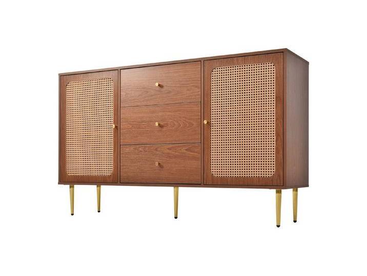 OKWISH Kommode Beistellschrank Sideboard Anrichte Schrank Rattan (Schubladenkommode mit 2 Türen und 3 Schubladen aus Massivholz Holz), Füße aus Metall von OTTO