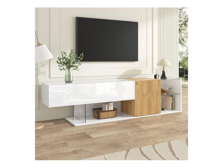 OKWISH Lowboard 180 cm, mit Holzmaserung (Fernsehschrank, TV-Ständer, 1 St., mit Glasregalen), in Hochglanz Weiß mit Holzoptik von OTTO