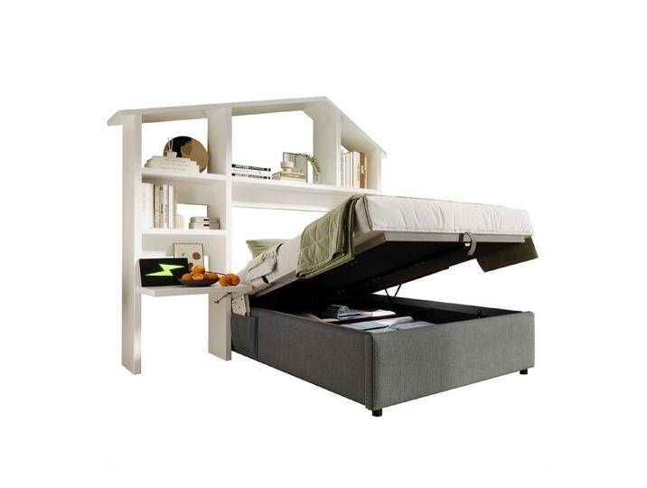 OKWISH Polsterbett mit Weißes Bücherregal (Struraumbett, 1-tlg., 90x200 cm, mit Matratze(H20cm, Komfortschaummatratze), mit hydraulik-Stauraum, USB-C, grau von OTTO
