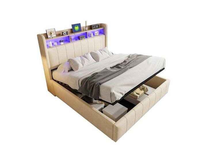 OKWISH Polsterbett Doppelbett, mit hydraulisches Stauraum (mit Kopfteil Einlegeböden, mit LED-Beleuchtung & USB-Anschluss, 160 x 200 cm), ohne Matratze von OTTO