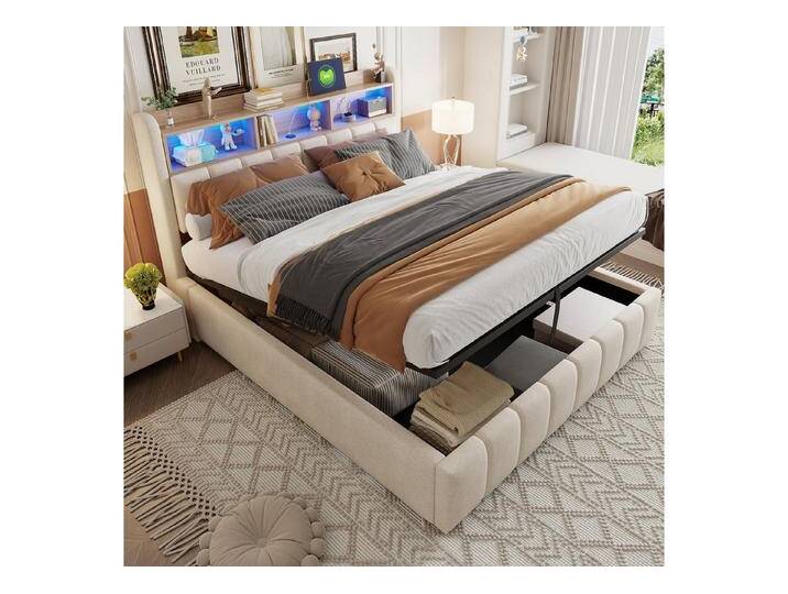 OKWISH Polsterbett Doppelbett, mit hydraulisches Stauraum (mit Kopfteil Einlegeböden, mit LED-Beleuchtung & USB-Anschluss, 180 x 200 cm), mit Matratze, beige von OTTO