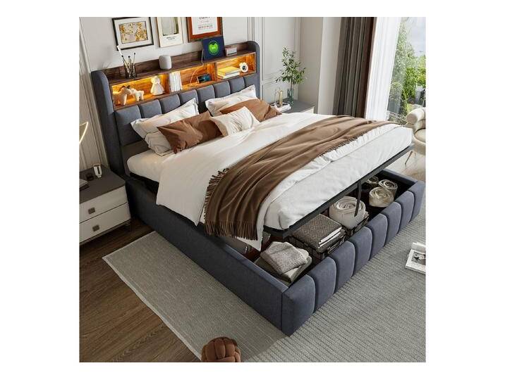 OKWISH Polsterbett Doppelbett, mit hydraulisches Stauraum (mit Kopfteil Einlegeböden, mit LED-Beleuchtung & USB-Anschluss, 180 x 200 cm), mit Matratze, grau von OTTO