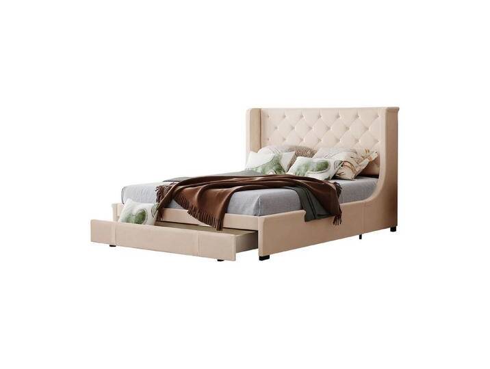 OKWISH Polsterbett Doppelbett mit Lattenrost (Beige (Matratze nicht im Lieferumfang enthalten), Erwachsenen- und Jugenddoppelbett in Pro-Leinen-Stoff 140x200cm), Keine Federkernmatratze erforderlich von OTTO