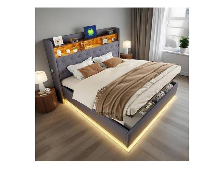 OKWISH Polsterbett Funktionsbett,Stauraumbett,Doppelbett,Gästebett (Luxuriöses LED-Polsterbett,mit USB-Ladeanschluss und hydraulischem Stauraum., 160 x 200 cm), ohne Matratze, grau von OTTO