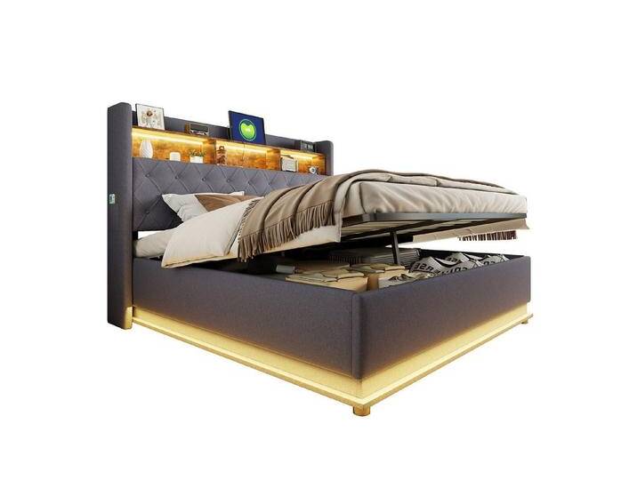 OKWISH Polsterbett Funktionsbett,Stauraumbett,Doppelbett,Gästebett (Luxuriöses LED-Polsterbett,mit USB-Ladeanschluss und hydraulischem Stauraum., 180 x 200 cm), ohne Matratze, grau von OTTO