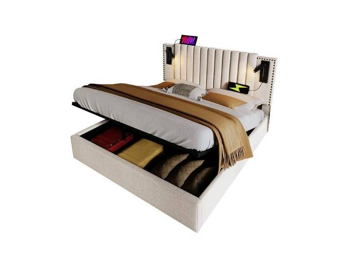 OKWISH Polsterbett Hydraulisches Stauraumbett (Bett mit Lattenrost und Bettkasten, 2-tlg., mit Matratze, 140x200cm), mit verstellbares Kopfteil, Leselicht mit USB Ladefunktion, beige, 2 tlg. von OTTO