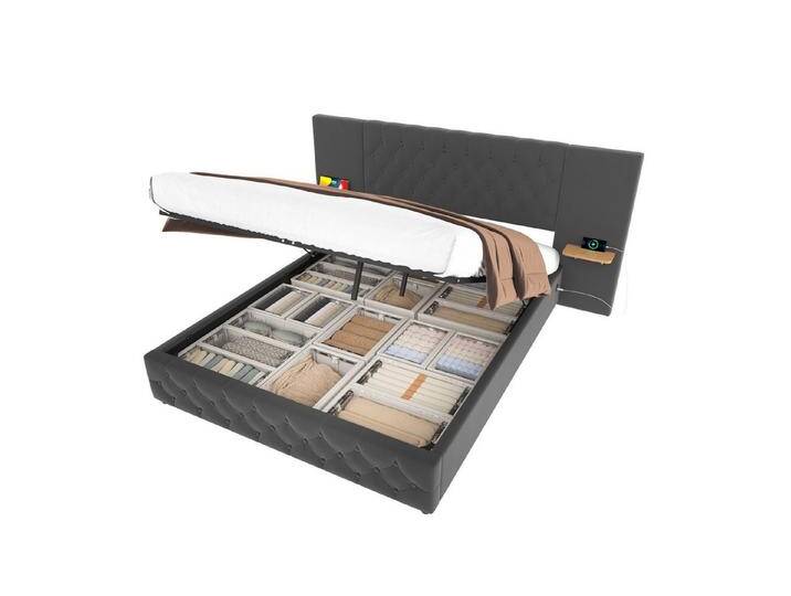 OKWISH Polsterbett Stauraumbett Doppelbett Funktionsbett Gästebett (mit LED-Beleuchtung, USB-Anschluss, hydraulischem Hebesystem und großzügigem Stauraum – Stylisches Design mit breitem Kopfteil, ideal für Schlafzimmer & komfortablen Schlaf 140x200 cm), Ohne Matratze von OTTO