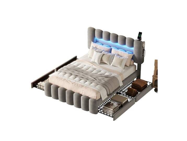 OKWISH Polsterbett mit LED-Lichtleiste mit USB und Stereoanlage, Kinderbett Stauraumbett (mit 4 Schubladen, Funktionsbett Doppelbett Bett, 160 x 200 cm), mit Matratze, grau von OTTO