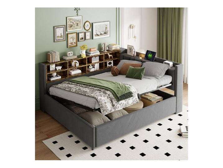 OKWISH Schlafsofa Kinderbett, mit hydraulischem Stauraum, Nachtlicht, USB- & Typ-C-Ladeanschluss und Ablagen, Polsterbett, Gepolstertes Samtsofa 140x200 cm, Inklusive Matratze, grau von OTTO