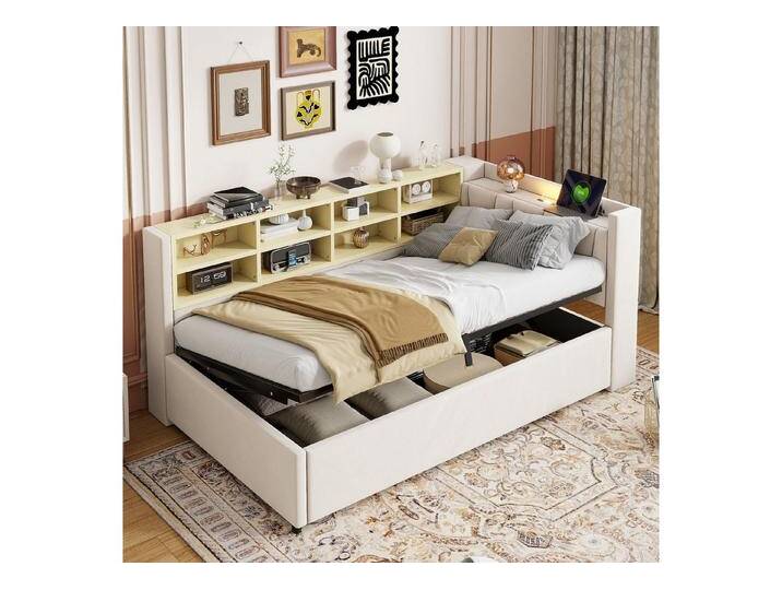 OKWISH Schlafsofa Kinderbett, mit hydraulischem Stauraum, Nachtlicht, USB- & Typ-C-Ladeanschluss und Ablagen, Polsterbett, Gepolstertes Samtsofa 90x200 cm, Inklusive Matratze, beige von OTTO