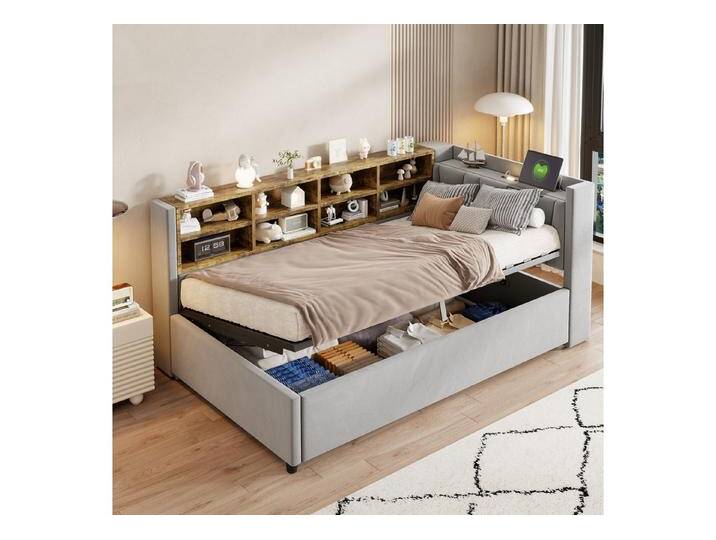 OKWISH Schlafsofa Kinderbett, mit hydraulischem Stauraum, Nachtlicht, USB- & Typ-C-Ladeanschluss und Ablagen, Polsterbett, Gepolstertes Samtsofa 90x200 cm, ohne Matratze, grau von OTTO