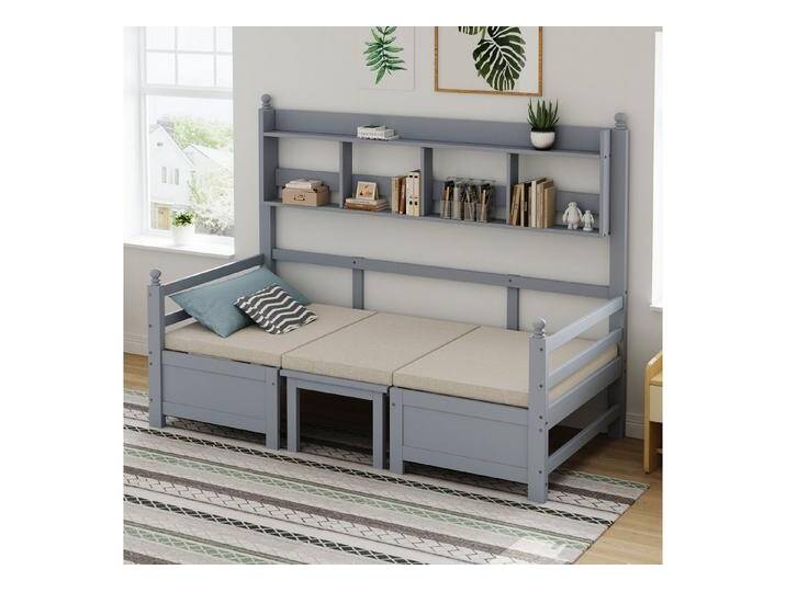 OKWISH Schlafsofa Kinderbett Einzelbett Holzbett, Schubladen und Regale, 2-in-1 Bett und Schreibtisch mit Ablagefächern, Platzsparendes Design für Wohnungen & Home Office, Mit Komfortpolsterung, Matratze, grau, Stil 2 von OTTO