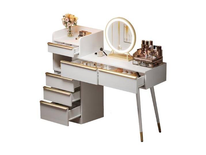 OKWISH Schminktisch Kosmetiktisch, mit Spiegel,Schminktisch mit Schubladen (Schminktisch Weiß mit LED-Spiegel, dimmbar, 6 Schubladen mit Goldgriffen, ausziehbare Tischplatte, flexibler Stauraum – ideal für Schlafzimmer und Kosmetikecke, B100/D41.5/H102 cm), Mit Kippsicherung, weiß von OTTO