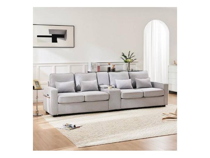 OKWISH Sofa 4-Sitzer-Schlafsofa aus Leinenstoff, mit Konsole, 2 Getränkehaltern, 2 USB-Anschlüssen zum Aufladen mit Kabel, mit Armlehnentaschen und 4 Kissen, einfaches Sofa für Wohnzimmer, Wohnung, Büro, grau von OTTO