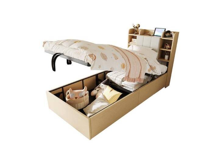 OKWISH Stauraumbett Kinderbett (Hydraulisches Funktionsbett 90x200 cm, Mit USB- & Tape-C-Ladeanschluss, Verstecktem Stauraum, Ablagefächern, Kopfteil mit Stauraum), ohne Matratze, beige von OTTO