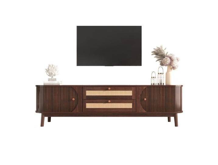 OKWISH TV-Schrank Lowboard (TV-Schrank mit Türen und Schubladen., TV-Ständer mit Rattanseiten) Massivholzbeine, Natürlicher Landhausstil. von OTTO