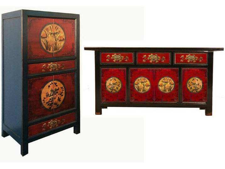 OPIUM OUTLET Wohnzimmer-Set Vintage Möbel-Kombination mit Hochzeitsschrank und Kommode, (Asia Wohnzimmer-Set bestehend aus Sideboard und Schrank, 2-St., komplett montiert, rot-schwarz) von OTTO