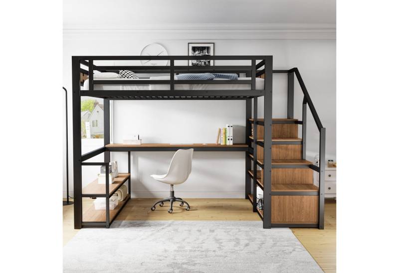 Odikalo Hochbett 140x200 Jugendbett mit Schreibtisch (140*200 Metall-Hochbett mit Aufbewahrungsleiter mit Regalen und Tisch, Sicherheitszaun-Design mit gespleißten Metallplanken, Hohes Eisenrahmenbett mit Metallrahmen für stabile Unterstützung, Weiß / Schwarz) Odikalo Hochbett 140x200 Jugendbett mit Schreibtisch (140*200 Metall-Hochbett mit Aufbewahrungsleiter mit Regalen und Tisch, Sicherheitszaun-Design mit gespleißten Metallplanken, Hohes Eisenrahmenbett mit Metallrahmen für stabile Unterstützung, Weiß / Schwarz) von Odikalo