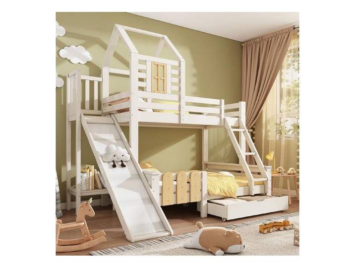 Odikalo Kinderbett Hochbett Etagenbett mit Rutsche 90x200 140x200 (Etagenbett Bett 90x200 & 140x200 cm, Hausbett mit Schublade Rutsche und Leiter, Kinderbett Hochbett mit Lattenrost, Blockhaus-Design von OTTO