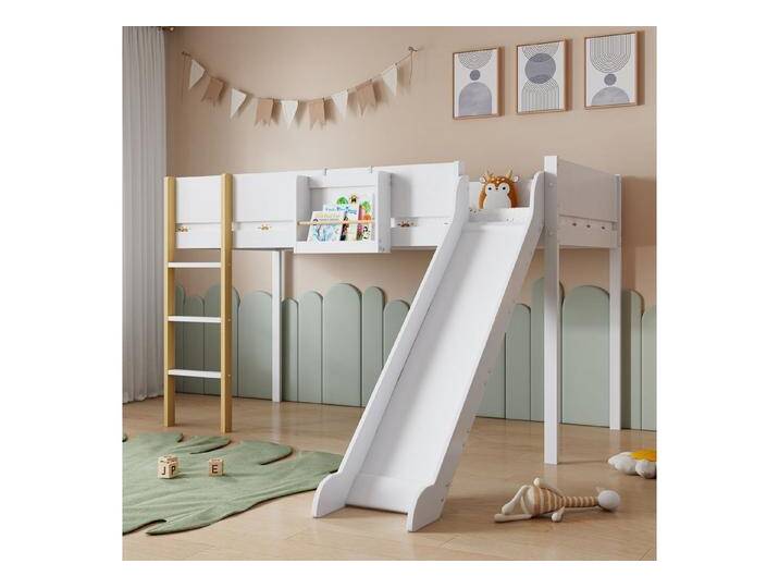 Odikalo Kinderbett Hochbett Bettgestell 90x200 Holzbett (Hochbett, Etagenbett mit dreistufiger gerader Leiter, Kinderbett, Jugendbett mit Rutsche, mit abnehmbarem Regal, Kiefer+MDF von OTTO