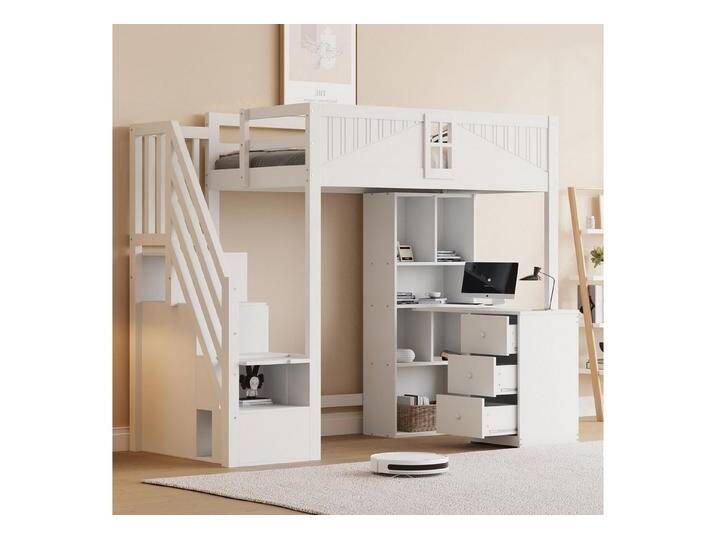 Odikalo Kinderbett Hochbett Bettgestell Massivholzbett 90x200 mit großem Stauraum (Massivholz - Hochbett, Kinderbett 90 x 200 cm, Einzigartig Sicherheitsgitter mit Fenster, Mit Stauschränken, Schreibtisch und Schubladen, Seitliche Stauraum-Sicherheitsleiter Links Oder Rechts Austauschbar von OTTO