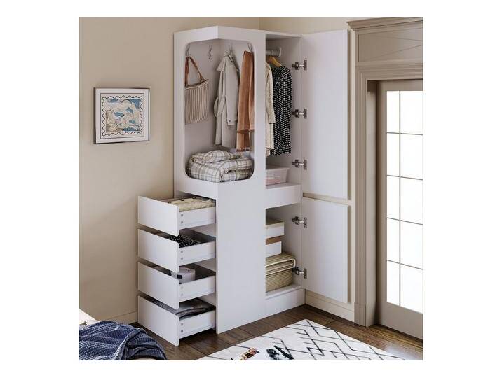 Odikalo Kleiderschrank Eckkleiderschrank mit Schubladen (Kleiderschrank 70 x 40 x 170 cm, mit Schubladen und Staufächern, offenem Kleiderbereich, eintürig, Holzfarbe / Weiß) von OTTO