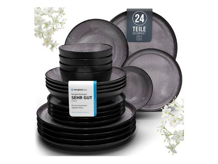 PURE LIVING INTERIOR DESIGN Geschirr-Set 6 Pers. - Hochwertiges Steingut Geschirr Set (24-tlg), 6 Personen, Steingut, Geschirr Set - Schüssel- und Teller Set - Tafelservice 6 Personen von OTTO