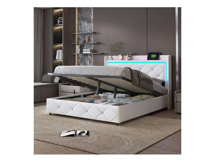 PXloue Funktionsbett Polsterbett Stauraumbett, mit Hydraulischer Hubbettkasten und Lattenrost,Kunstleder,160x200 cm, beige weiß von OTTO