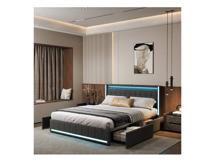PXloue Polsterbett Design Bett Stauraumbett Doppelbett Leinen mit LED Licht (Geeignet für Jugendliche und Erwachsene), mit Lattenrost und 4 Schubladen,160x200 cm, Max. Belastbarkeit 350 kg von OTTO