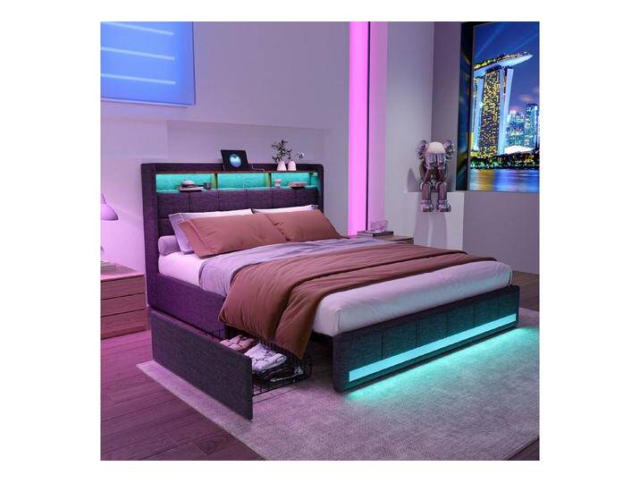 PXloue Polsterbett Doppelbett Stauraumbett Funktionbett Leises Design Bett, mit USB-Laden und Stauraum am Kopfteil,Leinen,140x200 cm, grau von OTTO