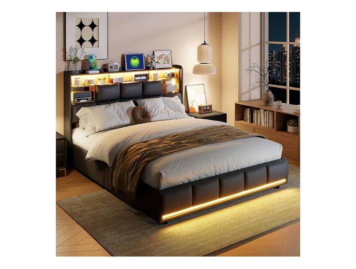 PXloue Polsterbett Modernes Bett mit LED-Beleuchtung und Regal (Hydraulisch hebbarer Stauraum), Stilvolles Design mit Stauraum und Lattenrost. von OTTO