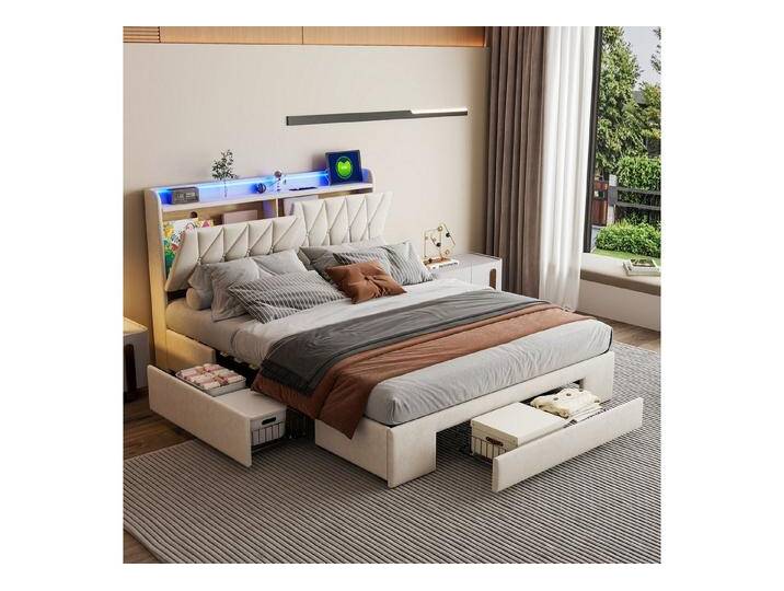 PXloue Polsterbett Stauraumbett mit Bettkasten LED Doppelbett, mit LED-Beleuchtung, 3 Schubladen, 140x200 cm, Ohne Matratze, beige PXloue Polsterbett Stauraumbett mit Bettkasten LED Doppelbett, mit LED-Beleuchtung, 3 Schubladen, 140x200 cm, Ohne Matratze, beige von OTTO