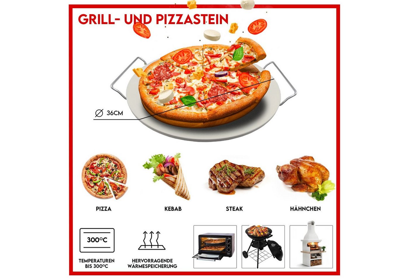 Pizzastein Pizzastein Rund Ø 36 cm für Backofen Grill Stein Brotbackstein, Cordieritstein, (Set, 1-St., Pizzastein mit Gestell), Pizzastein mit Gestell von OTTO