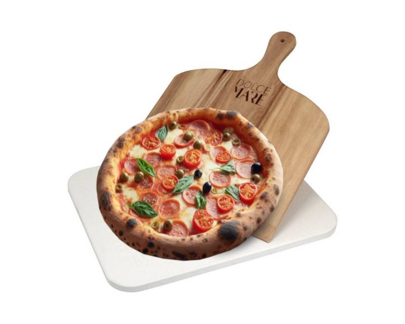 Dolce Mare Pizzastein Set weiss Holz Pizzaschieber Brotbackstein, Cordierit von Dolce Mare