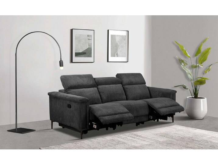 Home affaire 3-Sitzer Lund Cord, mit manueller o. elektrischer Relaxfunktion in 2 Sitzen, USB-A, Kopfteilverstellung, Breite 222 cm, grau von Home-affaire