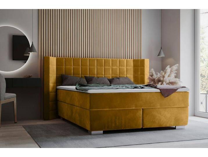 Places of Style Boxspringbett Piazza, mit Steppung und Kopfteil mit seitlichen Flügeln, gelb, Taschen-Federkernmatratze , H2, mustard von OTTO