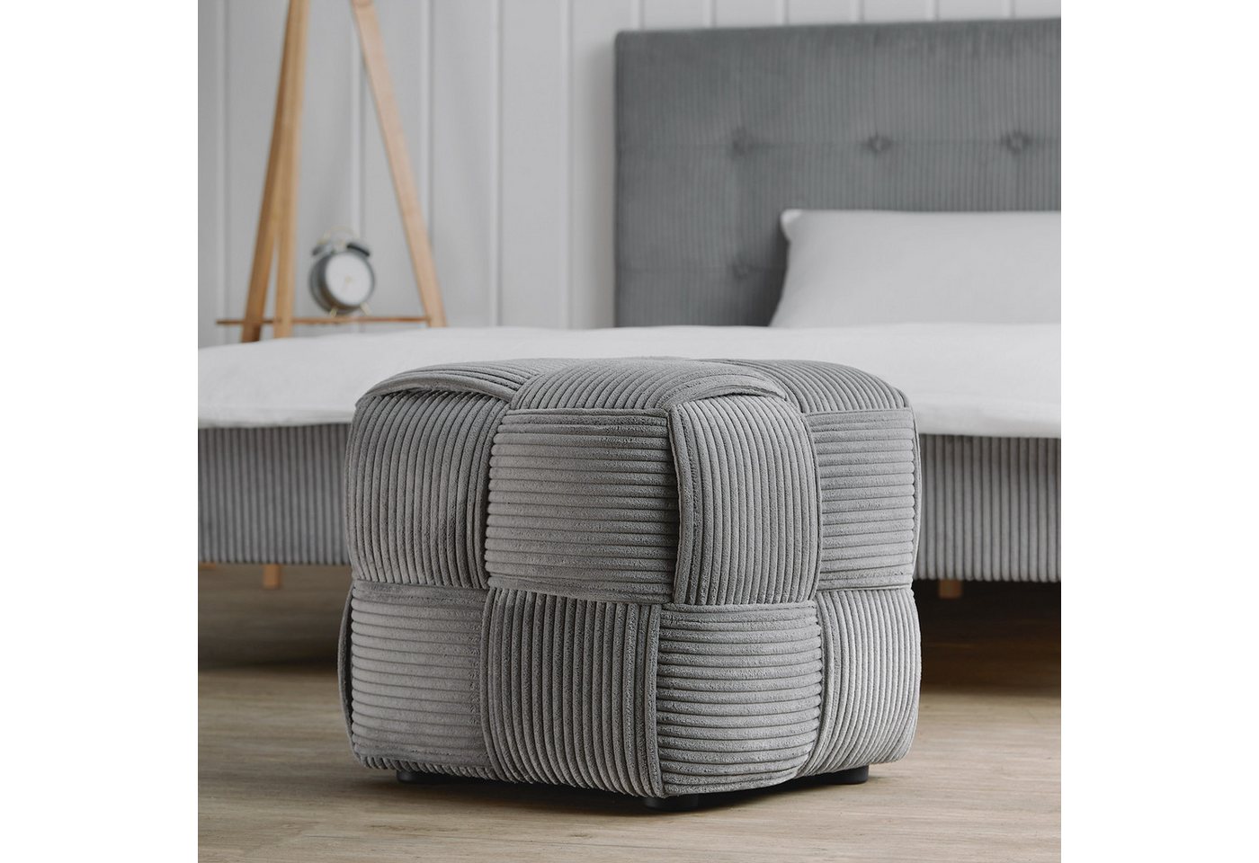 Sitzhocker Pouf Hocker Cord Stoff Grau Sitzwürfel Flechtmuster weich, Cordstoff im Flechtmuster von OTTO