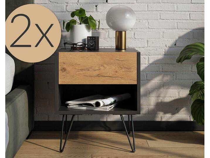 Posseik Waschtisch-Set Nachttisch FAVIER 40 x 50cm, 1 Schublade SET, grafit-eiche, (Sideboard, 1-St., Sideboard), weiß von OTTO