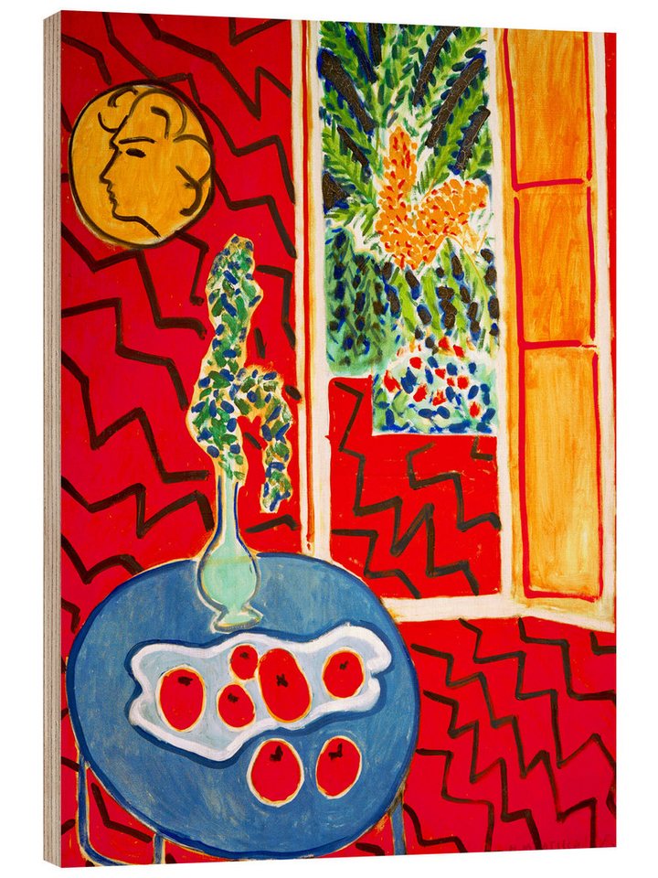 Posterlounge Holzbild Henri Matisse, Rotes Interieur, Stilleben auf blauem Tisch, 1947, Malerei von Posterlounge