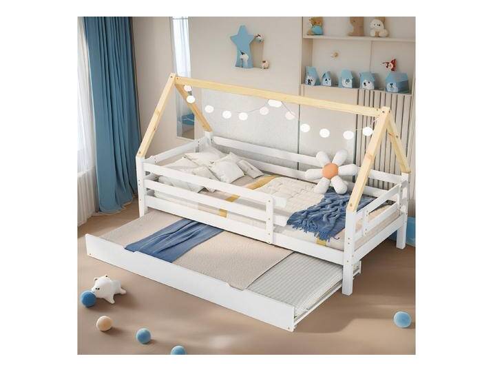 REDOM Bett Kinderbett, Ausziehbett Schiebebett (mit ausziehbarem Schiebebett, naturfarbener Dachstuhl, mit Rollen, 90x200 & 90x190 cm), Inklusive Matratze von OTTO